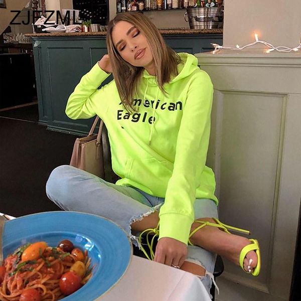 

women's hoodies & sweatshirts letter printed neon green hoodie women hooded long sleeve oversized pockets streetwear fall winter loose, Black