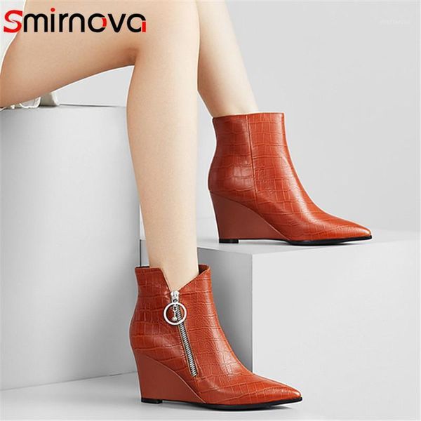 

boots smirnova 2021 arrival autumn winter ankle women genuine leather wedges shoes zip pointed toe party wedding woman1, Black