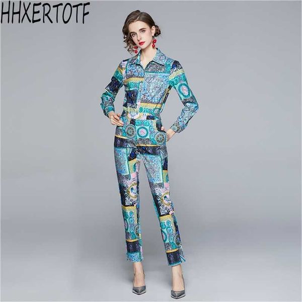 

spring women fashion temperament elegant vintage party runway print shirt + long pants 2 pieces sets 210531, White