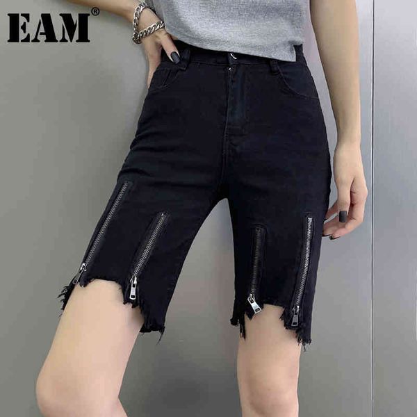 

[eam] high waist black zipper burr knee length trousers loose fit pants women fashion spring summer 1dd8423 21512, Black;white