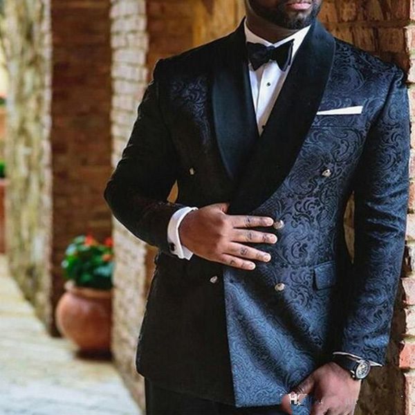 

navy blue wedding mens suits double breasted custom slim fit groom tuxedos shawl lapel, Black