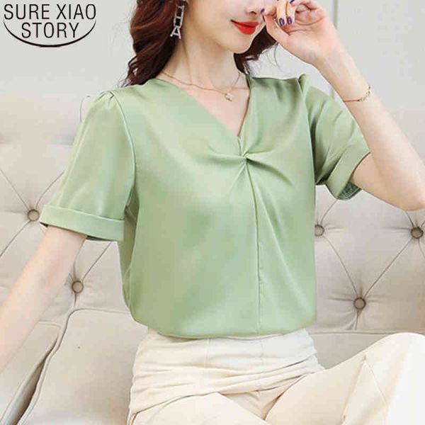 

summer women shirts office lady blusas mujer de moda elegant short sleeve solid blouse shirt v-neck womens clothing 9183 50 210417, White