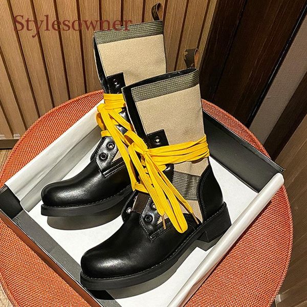 

boots strappy elastic women's trendy cool color matching breathable short shoes all match lace-up thick heel black women