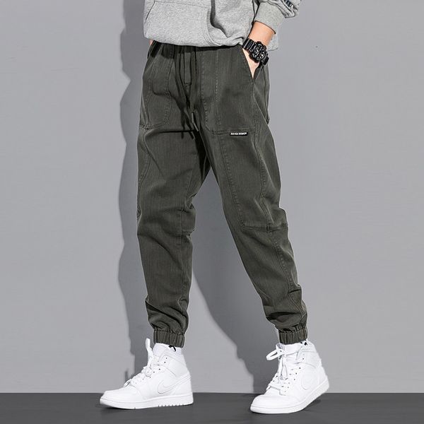 

jeans fashion streetwear men jeans loose fit spliced designer casual cargo pants elastic waist hip hop joggers wide leg harem trousers, Blue