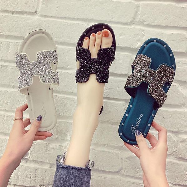 

flat slippers for women bling shoes beach open toe ladies sandals, Black