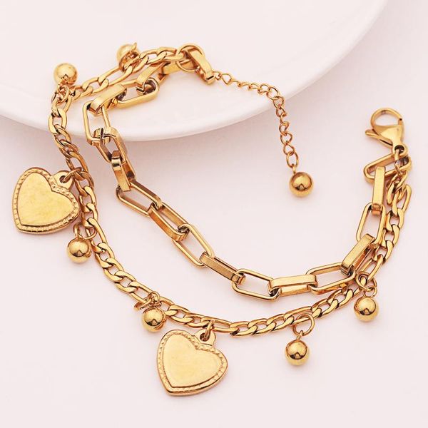 

charm bracelets classic love heart beads double layer pendant bangle gold & silver color stainless steel bracelet for women valentine's, Golden;silver