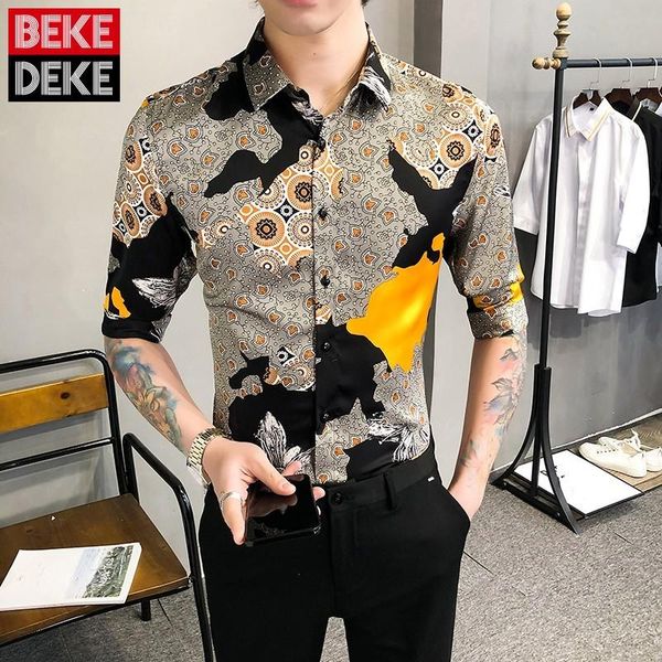 

men's casual shirts print shirt mens half sleeve korean style slim 2021 summer turn-down collar single breasted fashion blouse male, White;black