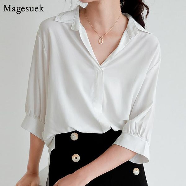 

plus size v-neck chiffon blouse women 2021 autumn casual loose slim half blouses shirt pullover clothing blusas 10183 women's & shirts, White