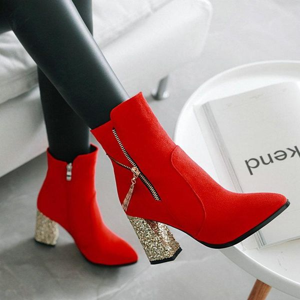 

boots sianie tianie 2021 autumn winter red wedding party woman shoes glitter bling block high heels zipper design women ankle, Black