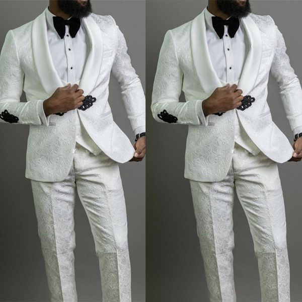 Bianco Avorio Foral Pattern Smoking da sposo da sposa Unico Mens Party Prom Pantaloni Tute Cappotto Gilet Business Wear Outfit 3 pezzi