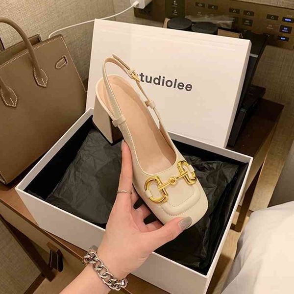 

baotou sandals women 2021 new summer g mary jane horse clasp thick heel high small single shoes 313233, Black