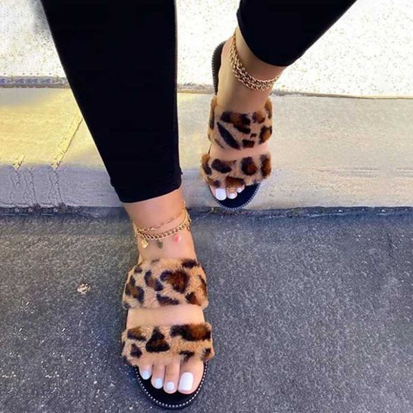 

low price leopard pattern fur women flat slippers beach outdoor flats sandals, Black