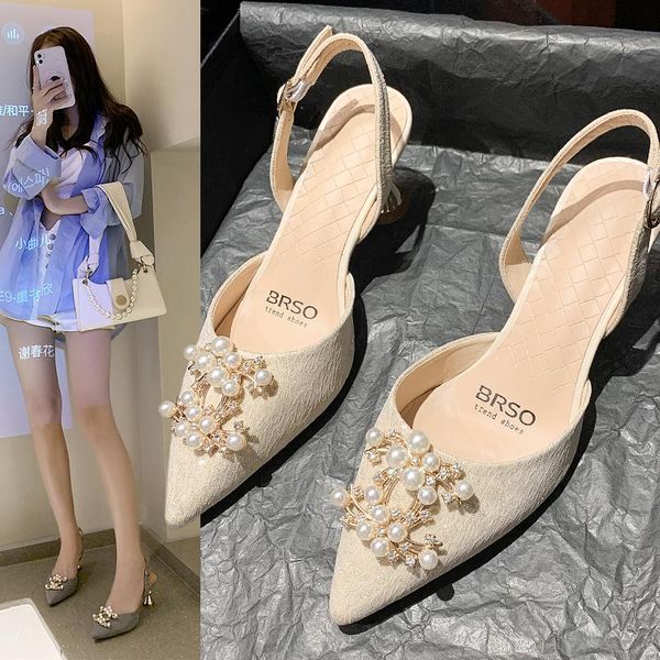 

sandals romantic pearl rhinestone embellished wedding ladies back strap pointed toe women crystal high heel party pumps, Black