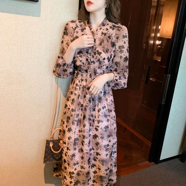 

casual dresses autumn women's dress 2021 spring french style leopard floral print high waist v-neck pale pinkish grey traf, Black;gray
