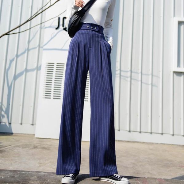 

women's pants & capris [ewq] 2021 spring autumn straight striped loose high waist trousers korea drawstring quality blue wide leg qx147, Black;white