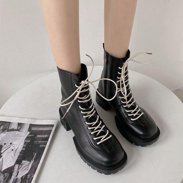 

boots autumn winter women motorcycle platforms ankle wedges female lace up leather shoes woman square heel high heels black boot