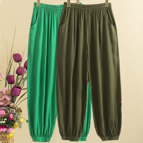 

5xl plus size trousers spring womens pant summer elastic waist loose casual wide leg basic cotton silk bloomers female, Black;white