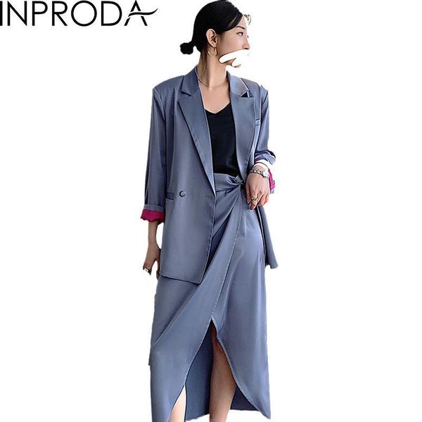 

womens skirt suits satin temperament blazer and set loose long woman suit split two piece sets dress, White