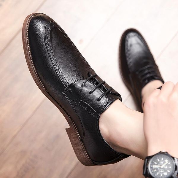 

dress shoes summer british style pointed leather hair stylist korean version of brock carved tide men's formal casual1, Black