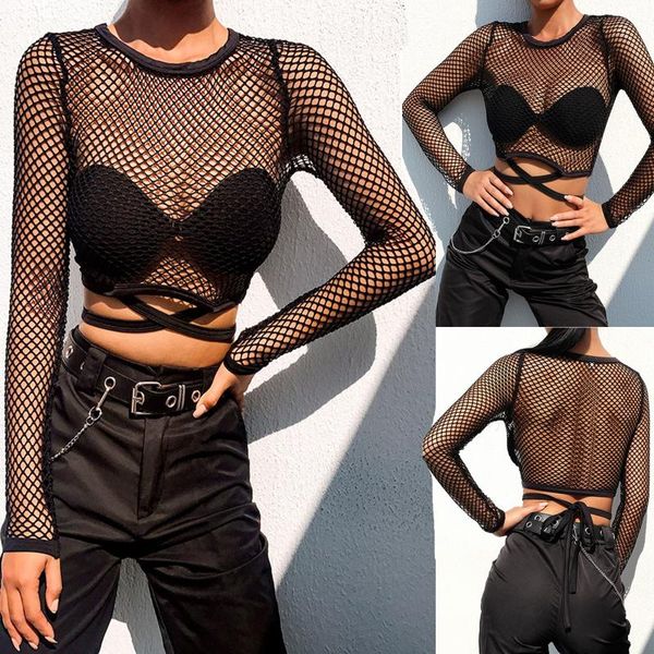 

women's t-shirt women short perspective sheer mesh hollow lacing-up outerwear shirt chemisier long-sleeved round neck pullover, White