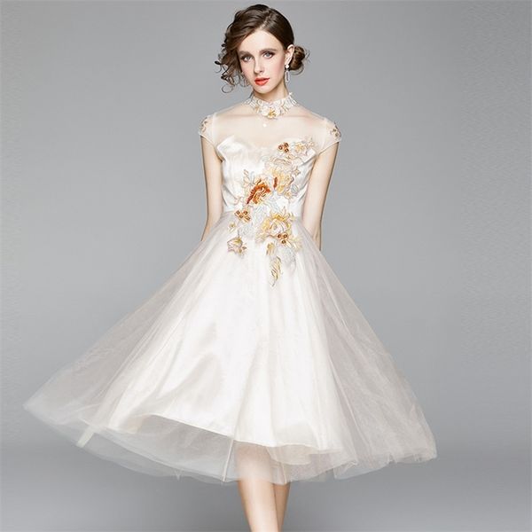 

summer fashion runway designer mesh dress women floral embroidery vintage female midi dresses vestoidos 210520, Black;gray