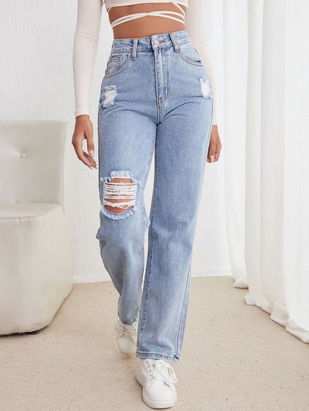 

high waist straight leg ripped jeans j8fh#, Blue