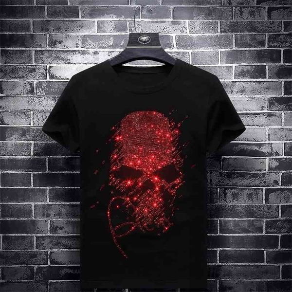 Parlak Rhinestones Kırmızı Kafatasları T Shirt Erkekler Kısa Kollu Moda Giyim Streetwear O Boyun Modal Pamuk Calaveras Camiseta 210409