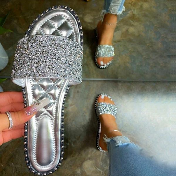 

slippers women crystal ladies bling flats female fashion outdoor beach shoes footwear summer slides plus size 35-43, Black