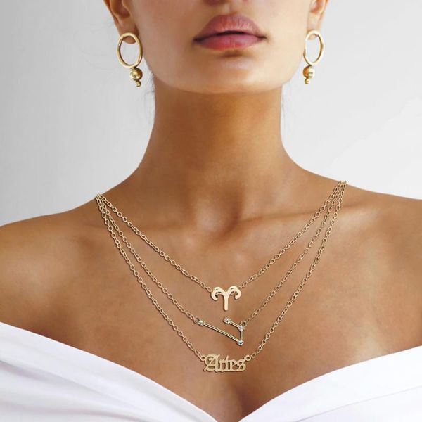 

chokers twelve constellations multi-layered alloy gold color necklace for women clavicle chain jewelry prom accessories colar feminino, Golden;silver