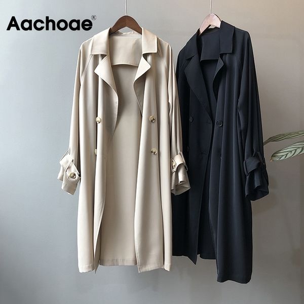 

aachoae fashion solid color women trench coat loose double breasted windbreaker ladies casual long overcoat abrigo mujer 210413, Tan;black