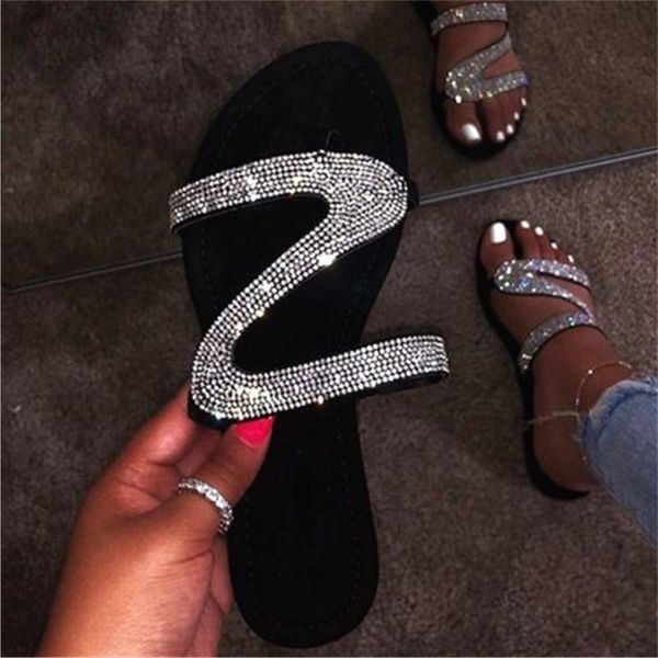 

summer crystal flat sandals women slipper letter z sequins band slippers open toe slides ladies fashion beach non-slip shoes big size 008, Black