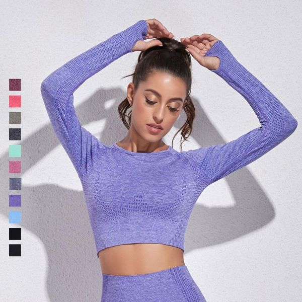 

seamless knitting yoga shirt for women fitness gym breathable with thumb hole workout exercise long sleeved woman outfit
