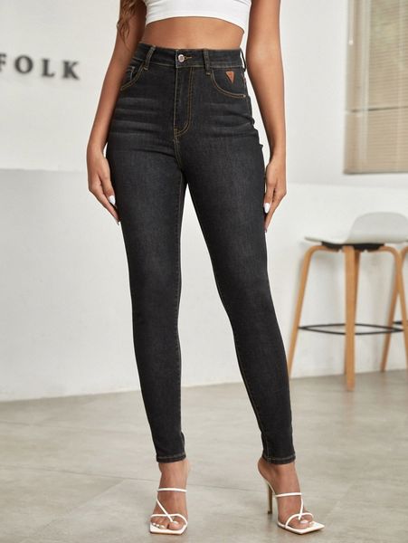 

high waist patch detail skinny jeans v8dl#, Blue