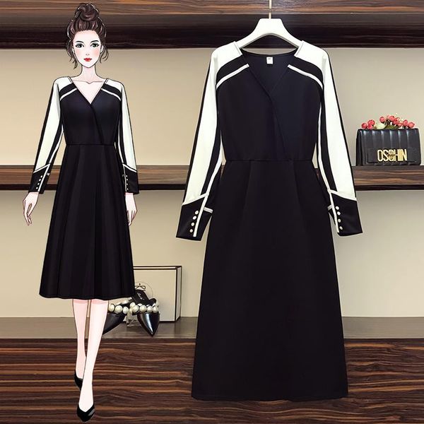 

casual dresses ehqaxin plus size women elegant office dress autumn 2021 fashion v-neck patchwork long sleeve high waist a-line lady midi, Black;gray