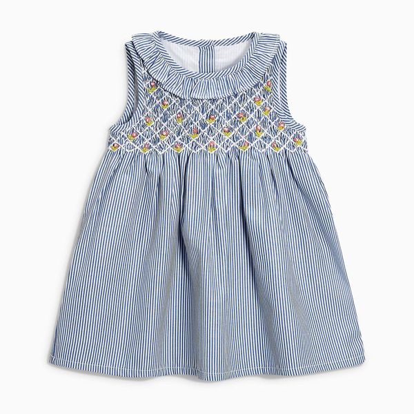 Little Maven New Summer Kids Light Light Azul Striped Bordado Bordado Meninas 2-7yrs de manga curta algodão tecido vestidos de sorrisos 210329