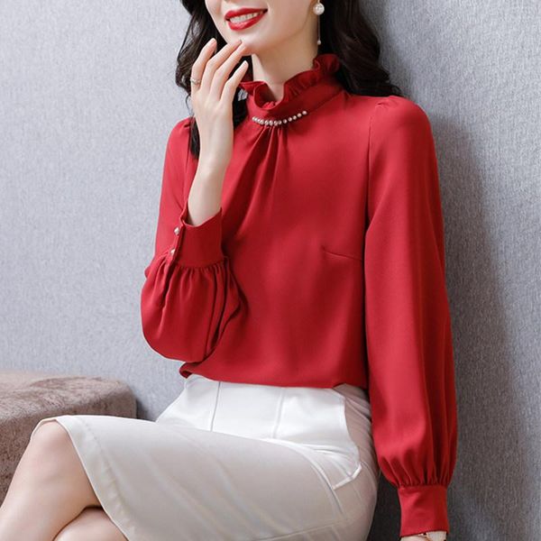 

women's blouses & shirts long-sleeved shirt korean silk satin ladies beaded, White