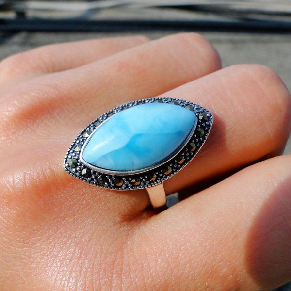 

cluster rings est design women ring 925 sterling silver marquise cut 11x20mm natural larimar gemstone jewelry, Golden;silver