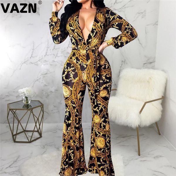 

design fashion safari style deep v-neck long sleeve siamese trousers totem print belt-tide wide-leg pants women's jumpsuits & romp romp, Black;white