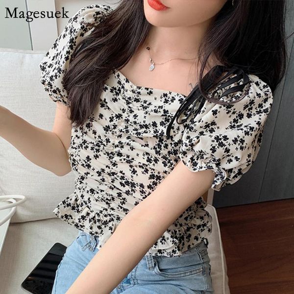 

women's blouses & shirts 2021 summer chic korean print chiffon blouse women puff sleeve sling floral shirt female square collar vintage, White