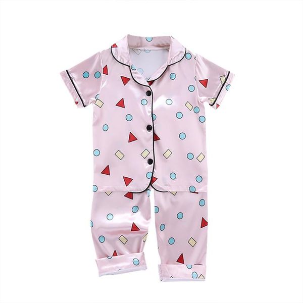 

pajamas summer boys short sleeve silk blouse nightwear satins geometry print pants kid set homewear sleepwear, Blue;red