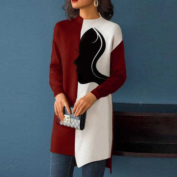 

casual dresses women vintage abstract pattern print party spring o neck mini long sleeve femme irregular vestido c027, Black;gray