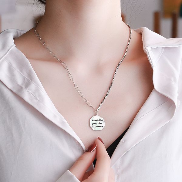

chaosheng s925 sterling silver letter round brand pendant ins hip hop sweater versatile clavicle chain necklace