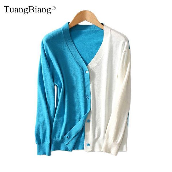 

women's knits & tees two-color patchwork women single breasted cardigan autumn 2021 long sleeve v-neck knit clothes contrasting colors, White