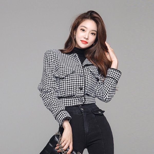 

women's jackets fashion houndstooth short woolen coat spring fall retro single-breasted lapel slim high waist women jacket, Black;brown