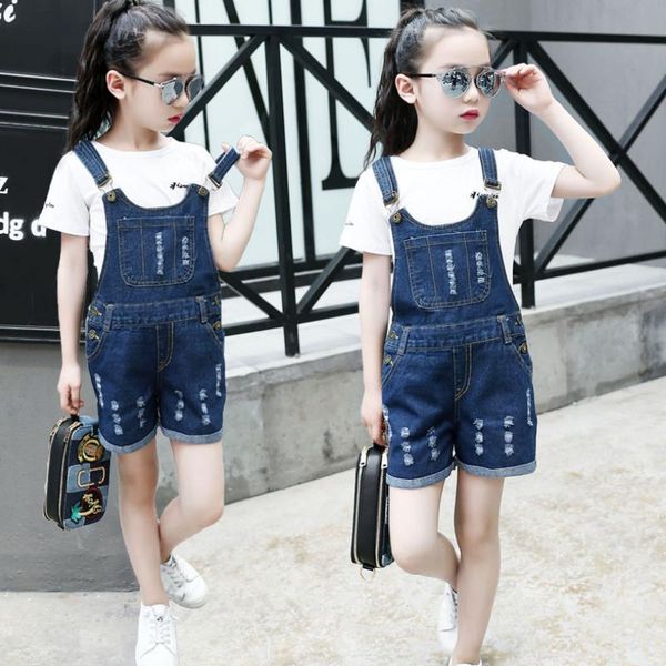 

2021summer toddler teenager jumpsuits girls overalls denim shorts girl clothes children kids straps short pants 3-13y, Blue