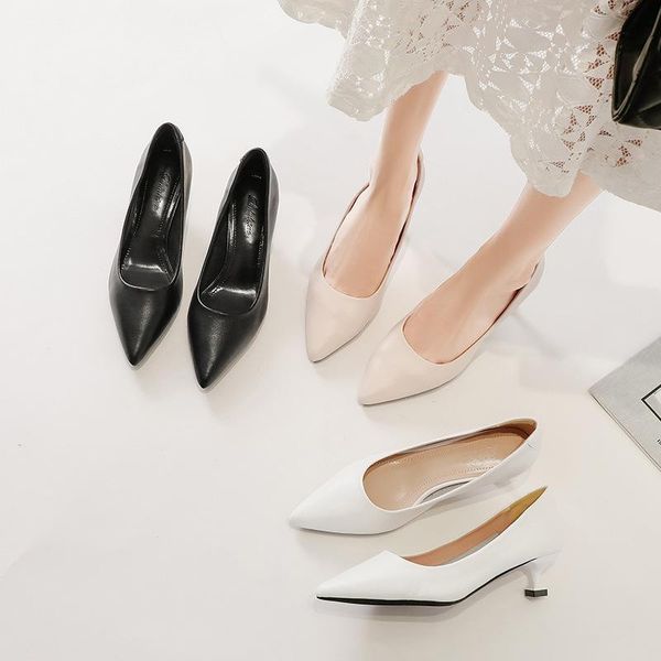

dress shoes genuine leather thin heel women pumps black white pointed toe med girl casual solid slip-on ladies