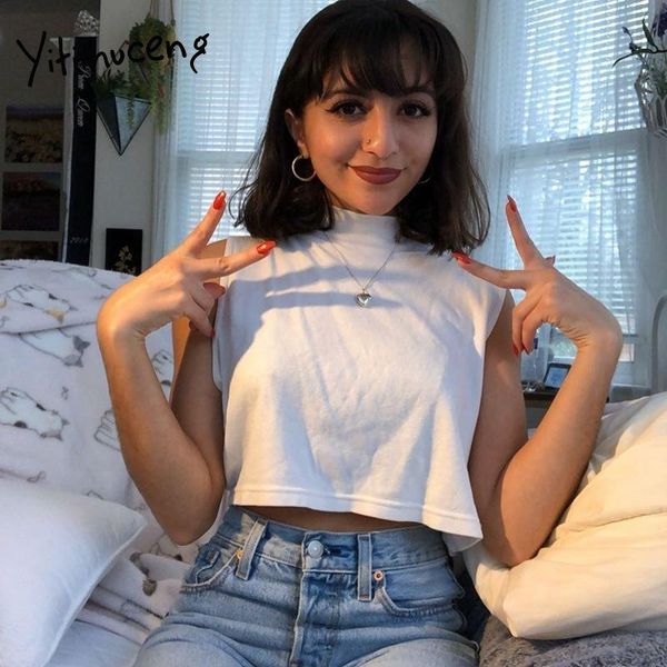 

women's t-shirt yitimuceng harajuku woman tshirts white sleeveless summer loose plus size for women 2021 o-neck crop simple