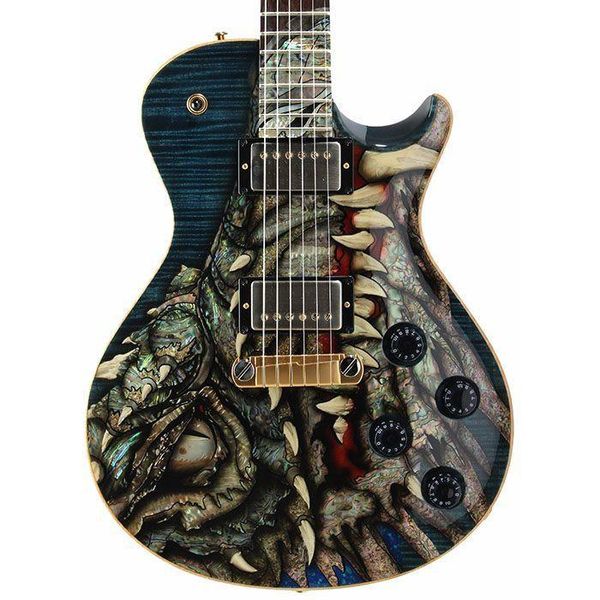 Paul Reed Dragon 2002 Chitarra elettrica Singlecut Limited Grey Black Top in acero fiammato, intarsio di perle bianche abalone, cordiera avvolgente, hardware dorato