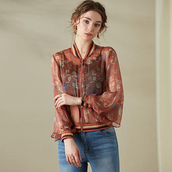 

women's blouses & shirts women 2021 spring summer fashion floral print long sleeve zipper blouse sun protection clothes orange green f, White