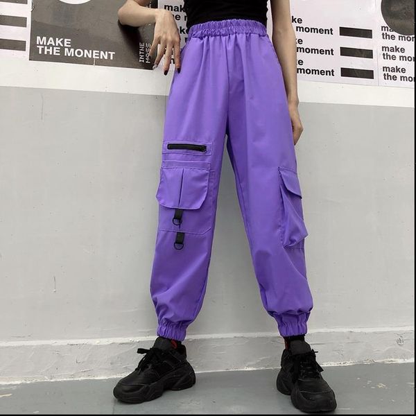 

streetwear hip hop purple women pant cargo joggers big pockets high waist loose black harem baggy tactical trouser, Black;white